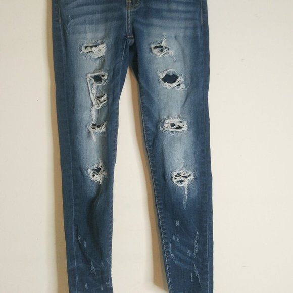 KANCAN Dark Wash Blue, DESTROYED/RAW ANGLED HEM Jeans SZ 24" x 24" x 9" inseam - Picture 6 of 7